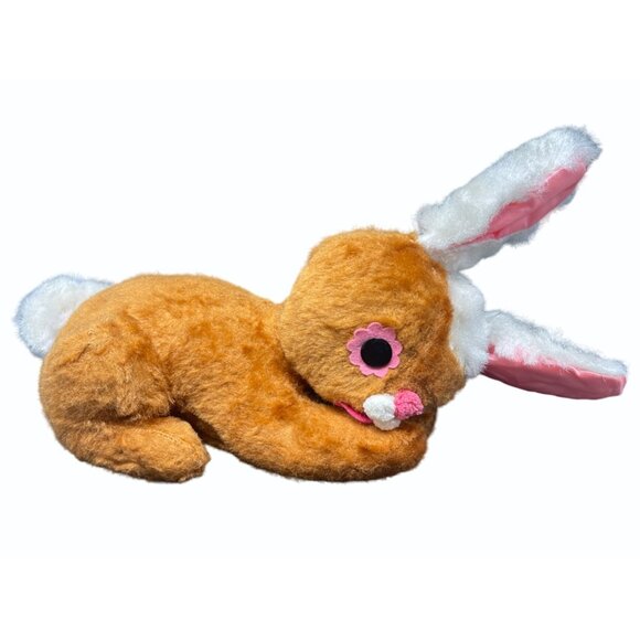 Vintage 1960s/70s Brown Rabbit Plush Toy With Long Ears & Pink Floral Eyes - Picture 1 of 7